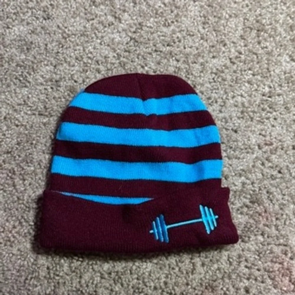 Unbranded Barbell Gym Beanie Maroon Blue Striped Knit Fitness Skull Cap Hat